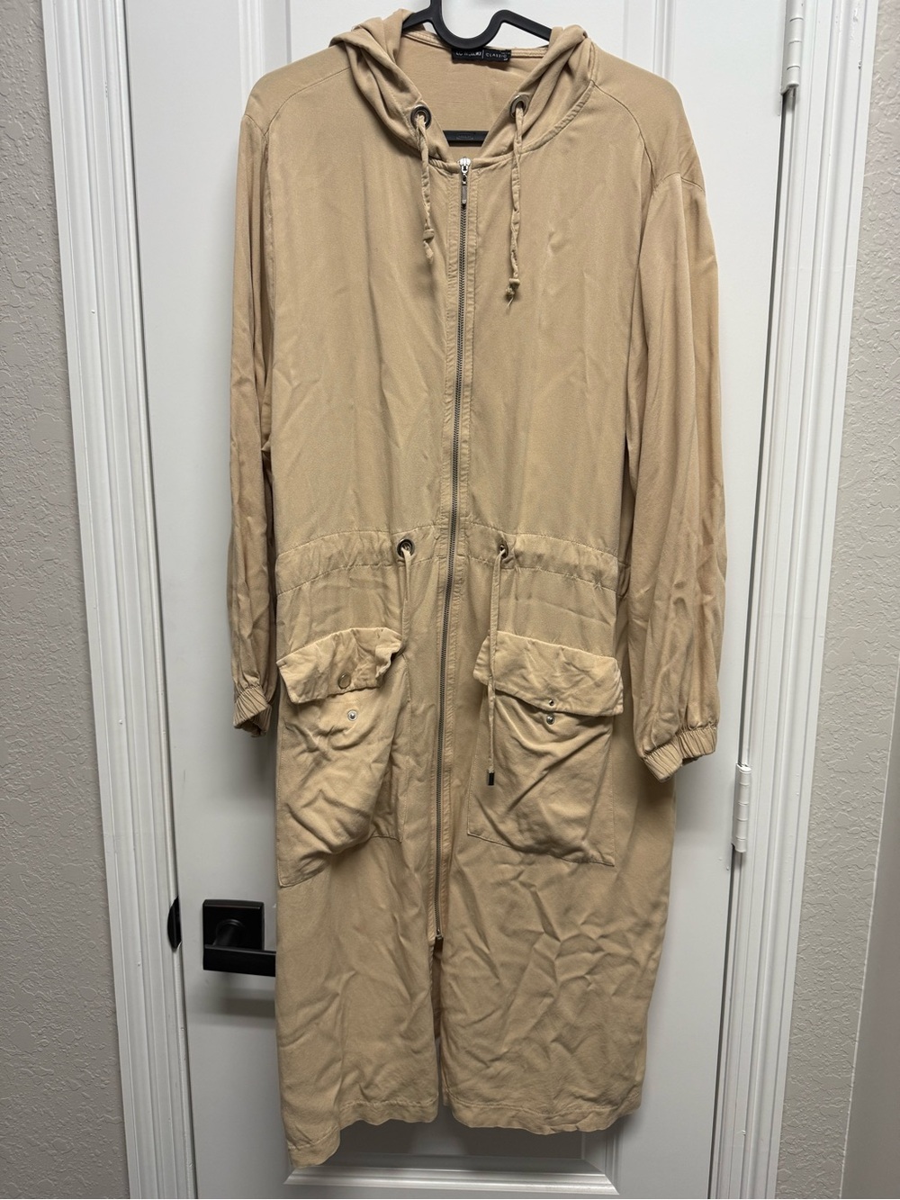 Long Hooded Utility Jacket in Tan